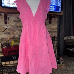 Altar'd State Bright Pink V-Neck Tiered Mini Dress